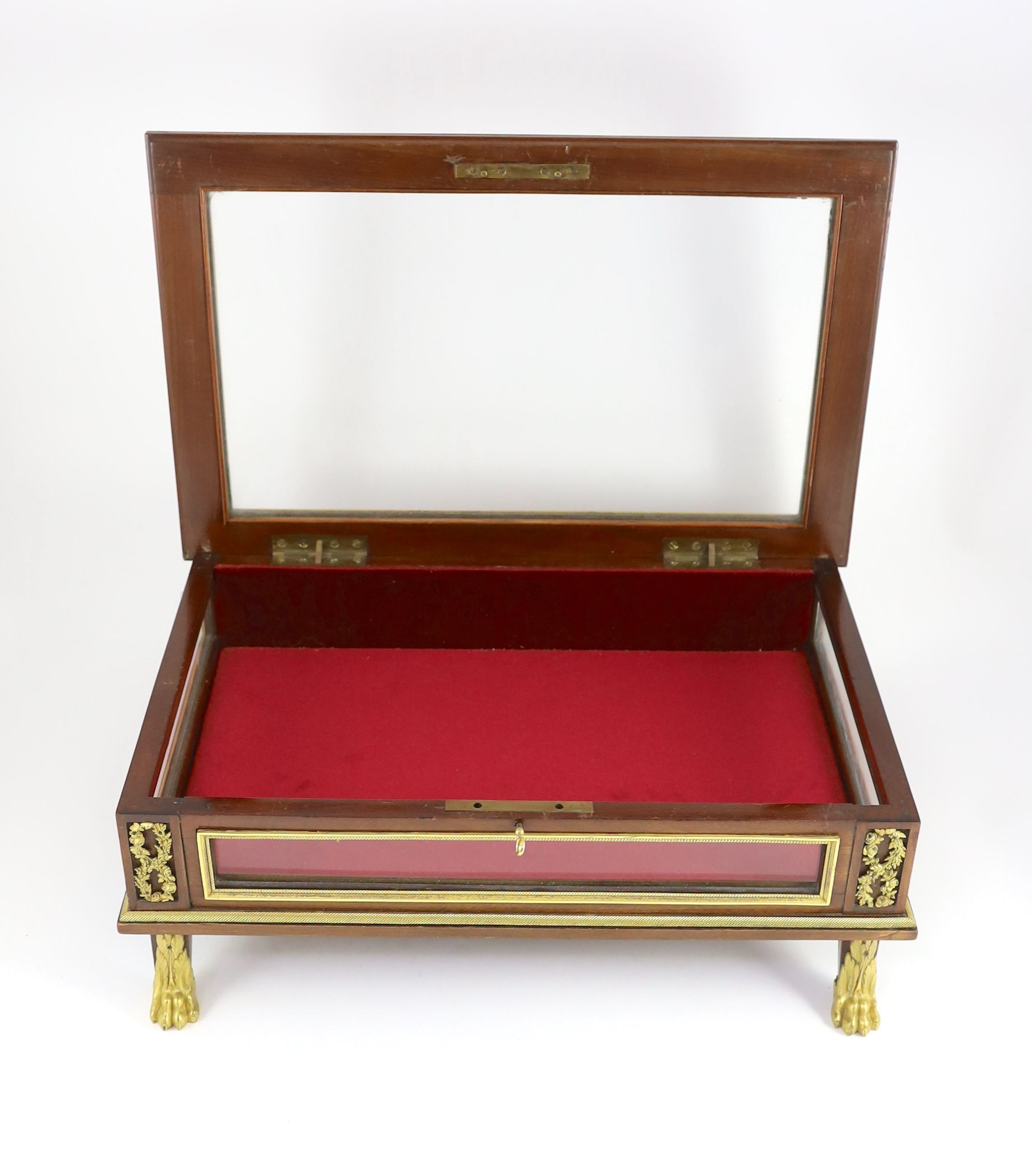 An early 20th century French ormolu mounted mahogany table top bijouterie cabinet, W.50cm D.33cm H.18cm